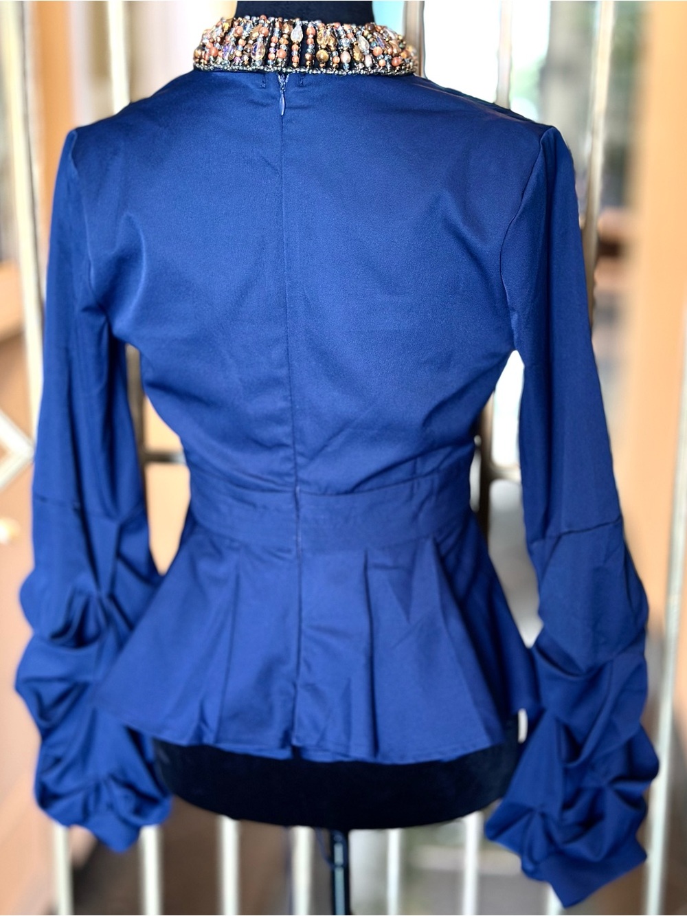 Blue V-Neck Peplum Blouse with Statement Sleeves s:small - Picture 3 of 6